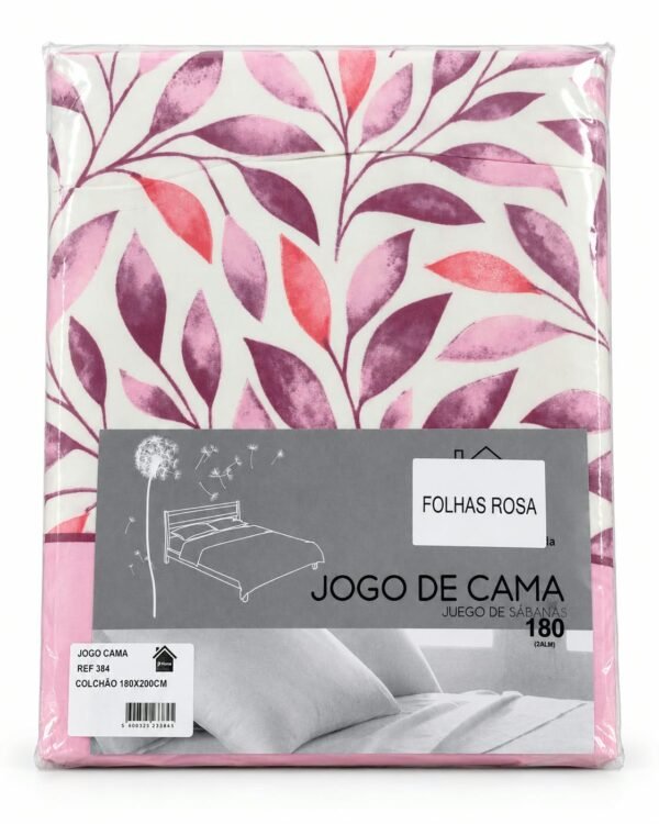 JOGO CAMA ESTAMPADO FOLHAS ROSA 180X200CM